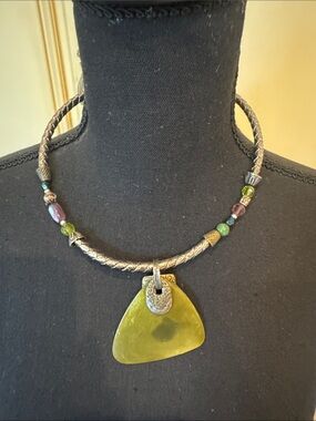 Chico's Olive Green Pendant Beaded Braided Necklace